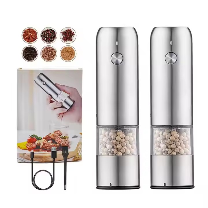 Mini Electric Salt and Pepper Grinder Set With Wood Base